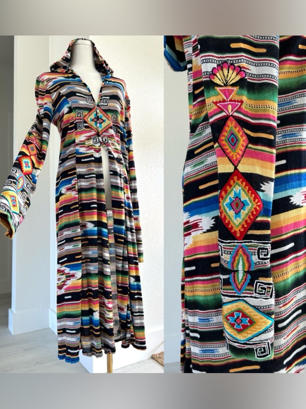 Vintage Collection Southwest Embroidered Serape Print Hooded Open Front Duster M